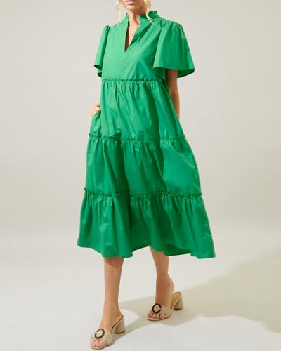 Image of YEXPINE Women's V Neck Tiered Midi Dress Casual Short Sleeve Ruffle Flowy Summer Beach Vacation Long Dress