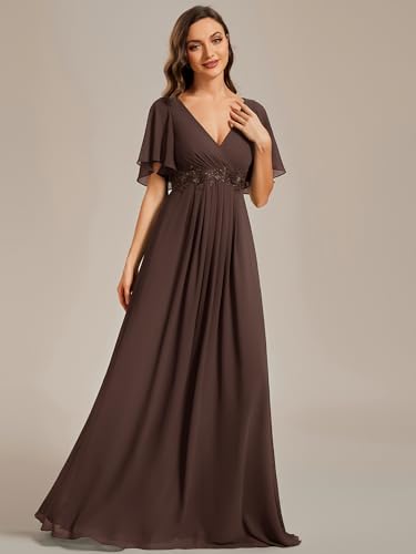 Image of Ever-Pretty Womens V Neck Applique Mother of the Bride Dresses Formal Dress | Chiffon, Short Sleeves, Ruched, A-Line, Bridesmaid Dresses, Formal Gown, Black Tie Dress
