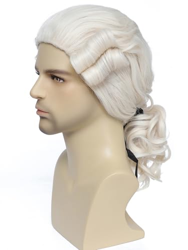 Lotfon Mens 18th Century Colonial Judge Wig George Washington Wig Lawyer Aristocrat Curly Costume Wig for Halloween Historical Theme Party (Beige)