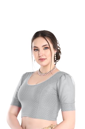 Image of FINESTFIT Stay On Trend Fashion 100% Cotton Readymade Blouses for Women,Round Neckline with Organza Balloon Sleeves.