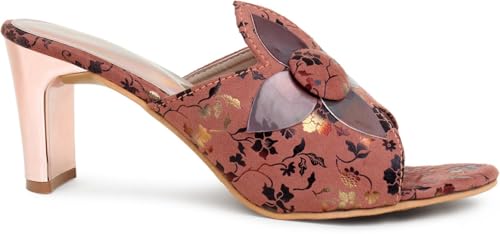 Image of Action Women's Floral Suede Mules| Black with Peach Flower Applique| Gold-Tone Heel Dark Brown