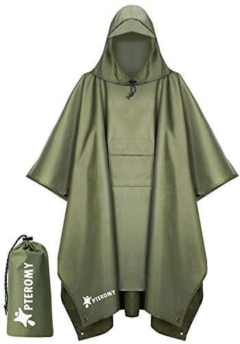 Image of PTEROMY Hooded Rain Poncho for Adult, Waterproof Lightweight Unisex Raincoat for Hiking Camping Emergency