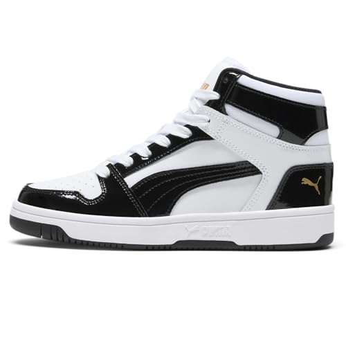 Image of PUMA Womens Rebound Layup Mid Shoes, Puma White /Puma Black /Puma Team Gold 8 Medium