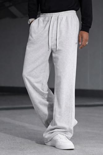Image of Men's Wide Leg Casual Pants, High Waist Cotton Blend, Drawstring, Light Colour, Relaxed Fit