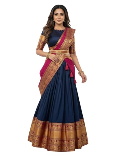 Image of RENVAANI Women's Traditional Kanjivaram Kanchipuram Silk Unstitched Lehenga Choli with Dupatta (PGREEN MAROON)