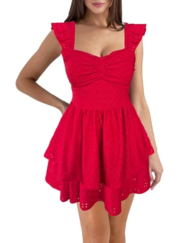 Image of HESUUIO Women's Summer Mini Dress Elegant Backless Hollow Out Eyelets Layered Flowy Swing Short Party Dress Casual Sundress