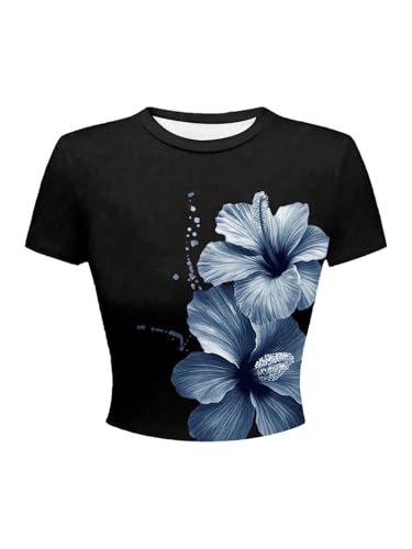 Girl's Floral Hibiscus Graphic Tees Short Sleeve Crew Neck Slim Fit T Shirts Cute Clothes