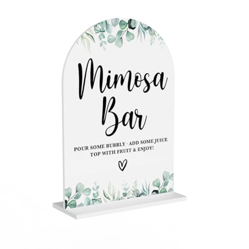 Acrylic Wedding Signs Bridal Shower Decorations Mimosa Bar Signs for Reception Modern Calligraphy Arch Acrylic Table Top Sign for Wedding Reception and Engagement Parties (White Eucalyptus Leaves)