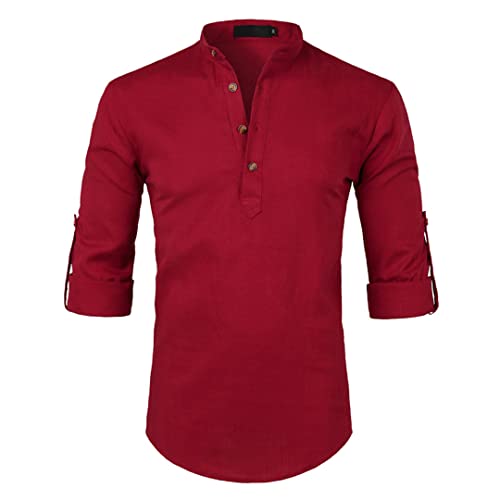 Chemise Henley coton lin homme décontractée manches boutons blanc C13 taille S