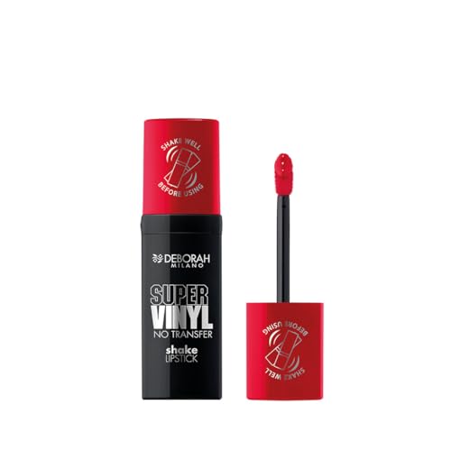 Deborah Milano - Super Vinyl Shake Lipstick Rossetto Liquido Vinilico, N.4 Signature Red, Colore Intenso e No Transfer, Dona Labbra Viniliche e Impeccabili fino a 16 Ore, 4ml