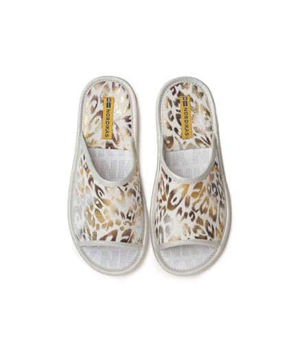 Nordikas Zapatillas de Casa para Mujer, Estampado Leopardo Dorado, Abiertas, Cuña Baja (Oro, Mediano, Sistema tallas calzado EU, Adulto, Mujer, Números, mediano, 36)