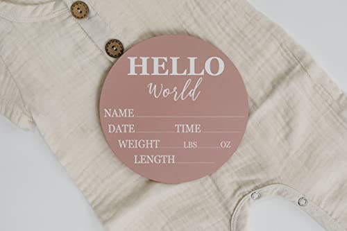 Image of Baby Announcement Sign for Newborn Boys and Girls (Color Bases) - Hello World Nursery Decor Sign & Photo Prop for Babies Made of Birch Wood - 6 inch Circle Board (Pink)
