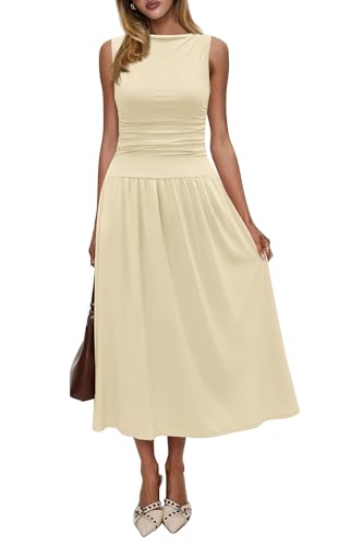 Image of Womens Summer Casual Midi Maxi Dress 2026 Sleeveless Ruched A Line Flowy Cocktail Wedding Guest Beach Long Sundress