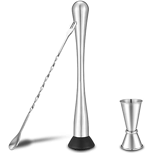 Yaregelun Stainless Steel Muddler for Cocktails,Mixing Spoon and Measuring Jigger,Professional Bar Tools,8-Inch Bar Muddler