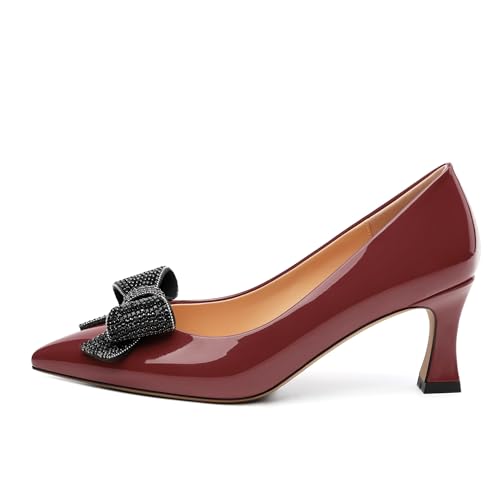 Image of Heels for Women Closed Patent Pointed Toe Bow Pumps Slip on Kitten Low Heels Wedding Party Dress Office Shoes 2.5Inch
