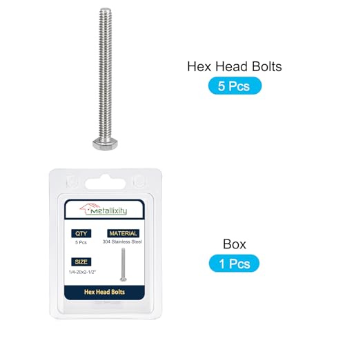 Image of METALLIXITY Hex Head Bolts (1 /4-20 x 2-1 /2 inch) 5Pcs, 304 Stainless Steel 18-8, Fully Threaded, External Hex Drive, Plain Finish, Hex Head Screw Bolt, Silver