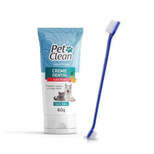 Kit Escova de Dente e Creme dental Tutti Frutti Pet Clean 60g Previne Mau Hálito Tártaro Saude Bucal de Cães e gatos