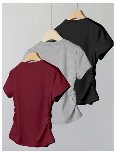 OYOANGLE Girl's 3 Pack Short Sleeve Tight T Shirt Set Crew Neck Ruched Shirts Summer Casual Tops2