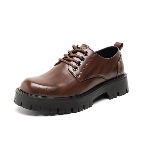 NELSBREXMen'S Leather Chunky Platform Formal Oxford Shoes Retro Round Toe Non-Slip Classic Lace-Up Chunky Wedge Heel Dress Derby Shoes Business Work Wedding Shoes