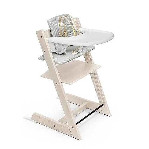 Image of Stokke Tripp Trapp High Chair and Cushion with Tray - Whitewash with Nordic Grey - Adjustable, Convertible, All-in-One High Chair for Babies & Toddlers