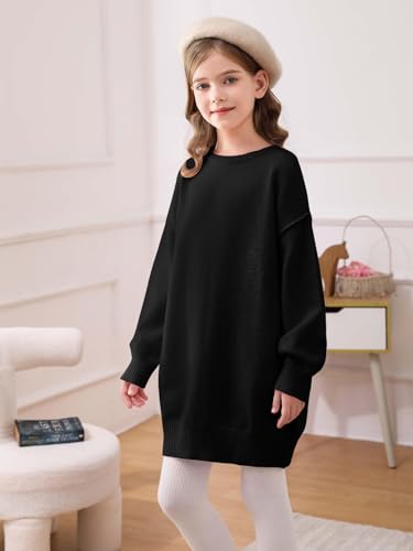 Image of Haloumoning Girls Sweater Dress Casual Crewneck Knit Long Sleeve Fall Winter Dress Pullover 5-14Y