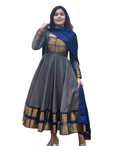 Image of Chanderi Cotton Anarkali Dress Set with Jacquard Weaving and Zari Border, Traditional Indian Ethnic Wear Gown for Weddings, Festivals, and Special Occasions