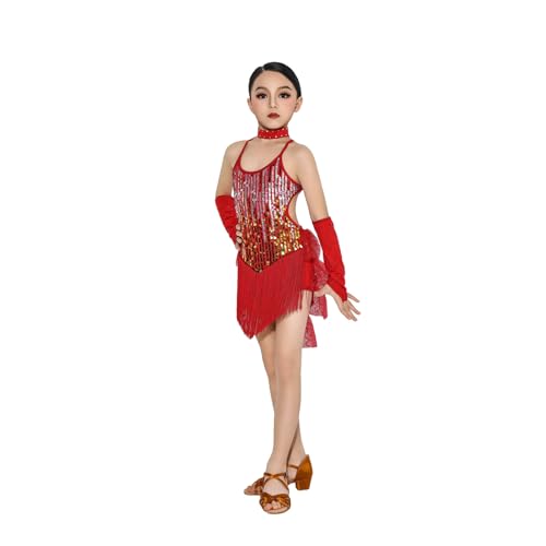Robe de danse latine fille sans manches à paillettes pour tenue de spectacle