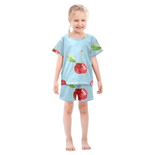 Summer Pajama Set Red Cherry Blue, Short Sleeve Sleepwear Nightwear3