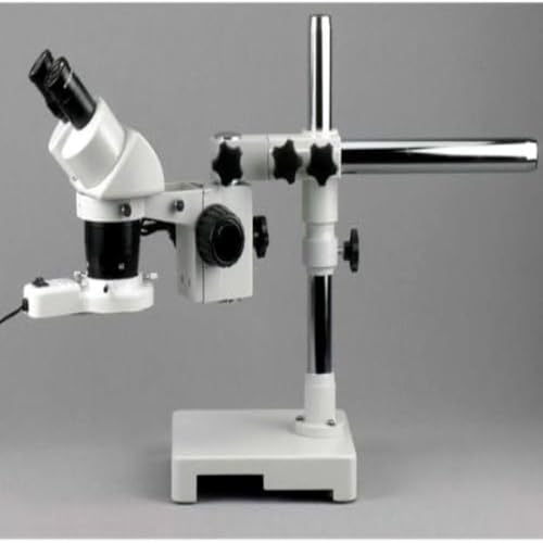 Image of AmScope SW-3B13Z-FRL Binocular Stereo Microscope, WH10x Eyepieces, 10X /20X /30X /60X Magnification, 1X /3X Objective, Single-Arm Boom Stand, 8W Fluorescent Ring Light, 110V-120V, Includes 2.0x Barlow Lens