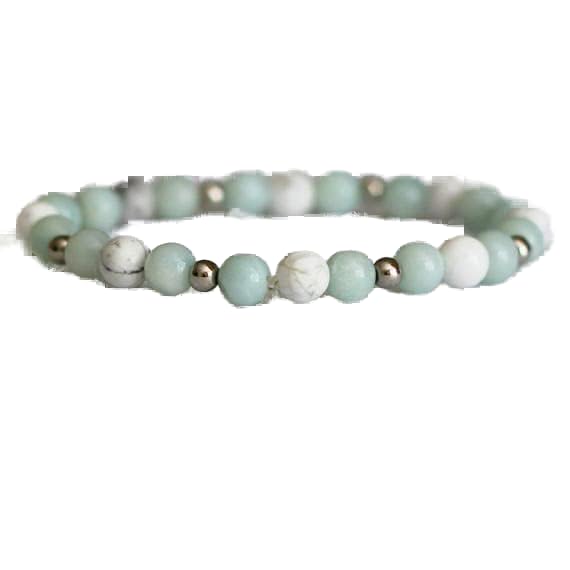 Bracelet amazonite véritable et howlite ronde 8mm, bijou extensible lithothérapie 7" stbr-02819