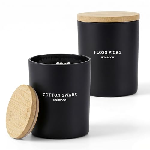 unisence 2 Pack Glass Qtip Holder Dispenser Set - Q Tip Holder for Bathroom Canister Qtip Dispenser with Lid for Cotton Balls, Swabs, Floss Picks, and Makeup Sponges ,Black,Large Capacity