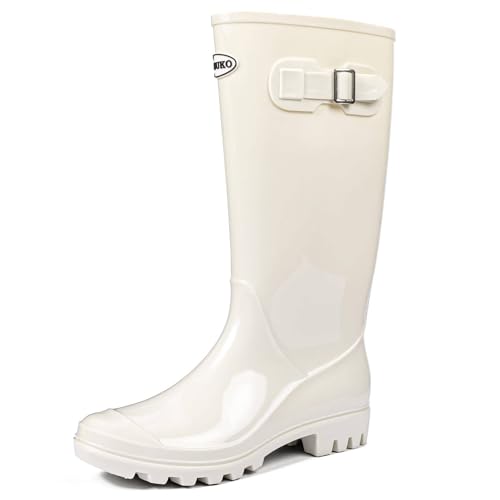 DKSUKO Women's Tall Rain Boots Waterproof Wellington Boots(5 B(M) US,Bright White)