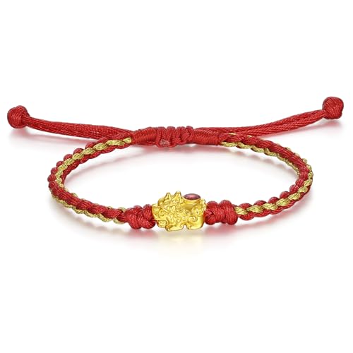 Women's Strand Bracelets 24K Solid Gold Red Bracelet Feng Shui Pixiu Lucky Real Gold Jewelry Adjustable String Braided Rope Bracelet for Women Girlfriend