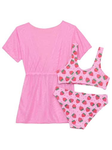 Kids Girls 3 Pcs Swimsuits Sun Protective Swim Kimono Strawberry Bikini Top with Brief2