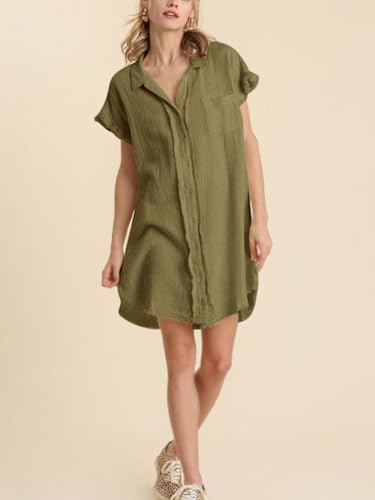 Paintcolors Women's Cotton Button Down Shirt Short Sleee Dresses Tunics Oversized Beach Cover up Blouse Tops with Pockets3