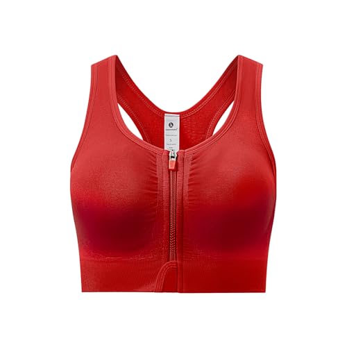 SPORME RUNNING Damen Sport-BH mittlerer Halt Vorderverschluss mit Ringerrücken herausnehmbaren Polstern und Doppelhaken für Yoga Lauf Joggen Reiten und Fitness(Rot)
