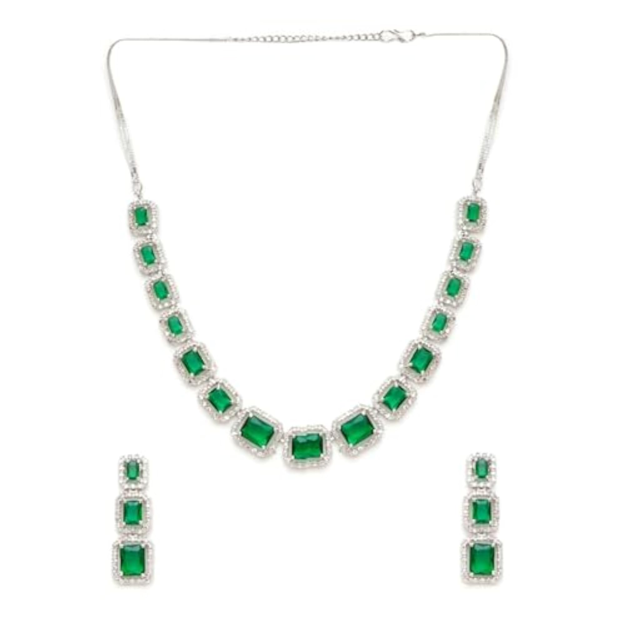 Green American Diamond Necklace Set with Earrings, Stylish Gift