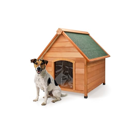 AQPET Cuccia per Cani in Legno S da Esterno con Tetto Spiovente Impermeabile e Tenda Termica, Casetta Cane Isolata per Interno ed Esterno, Resistente alle Intemperie, 80x86x88h cm