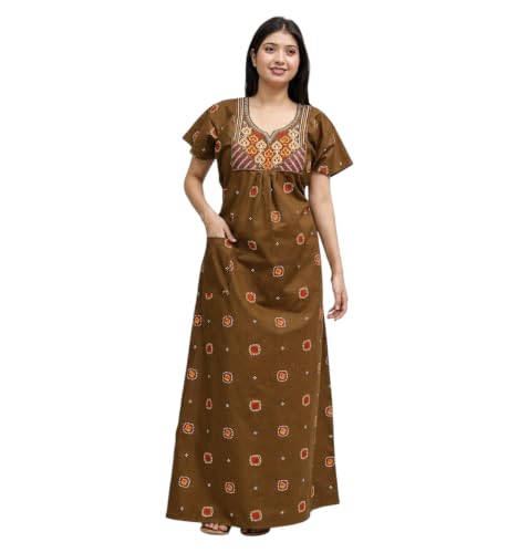 Image of Women's Pure Cotton Maxi Nighty, Jaipuri Embroidery Print, Short Sleeve Night Gown with Pocket