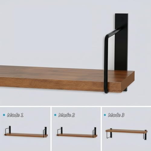 Image of Wall Mounted Bathroom Shelves Set of 3, Glossy Brown Rustic Wood Floating Shelves with Metal Brackets, Wall Storage Rack for Toiletries, Organizer, Kitchen, Bedroom, Living Room 23.5 inch
