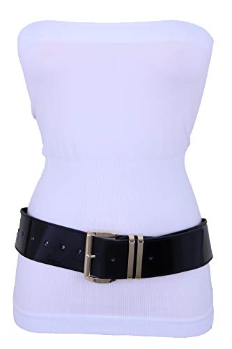 Women Fashion Belt Wide Waist Hip Faux Patent Leather Band Gold Metal Bling buckle Size M L XL (Black)2
