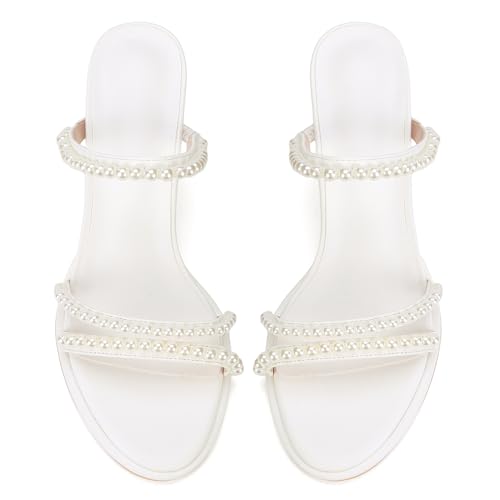 TarfiC 2.36 inches Women's Chunky High Heels Block Heel Sandals Peep Toe Ivory Pearls Bridal Wedding Shoes Women Sandals3