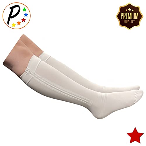Image of Presadee Premium 20-30 mmHg Firm Compression Leg Calf YKK Zipper White Socks (Closed Toe, 3)
