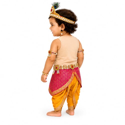 Image of Raj Fancy Dresses Luxury Krishna Pagri for Kids Boys & Girls | Bal Gopal Kanha Janmashtami Turban with 3 Mor Pankh & Pearl Work | Fancy Dress, School Function & Photoshoot Headgear | Only Pagri