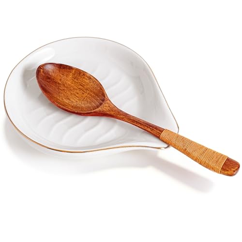 Ceramic Spoon Rest for Stove Top, 5 inch Gold Trim Spoon Holder for Kitchen Counter, Farmhouse Cooking Utensil Holder for Spoons, Ladles, Spatula, Glazed White