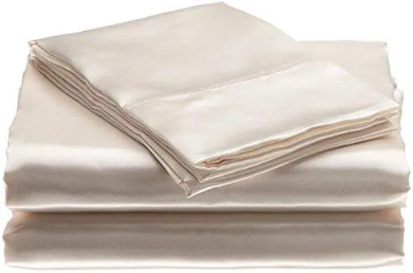 Bedify Bedding 100% Pure Silk Satin Sheet Set 4pcs, Silk Fitted Sheet 15" Deep Pocket Mattress fit,Silk Flat Sheet&Silk Pillowcases Set Soft Silk Sheets|Wrinkle Free Fade Resistant King, Ivory