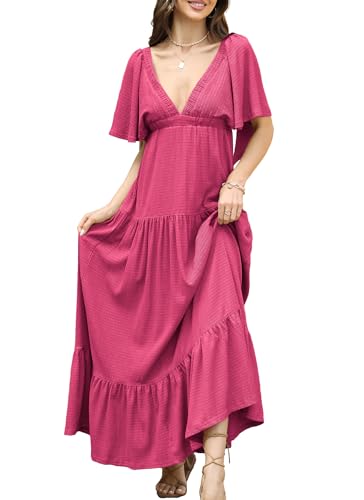 Image of Kikibell Women Summer Dresses Sexy V-Neck Maxi Dress Tiered Silhouette with Flutter Sleeve Backless Elastic Waist Flowy Dress