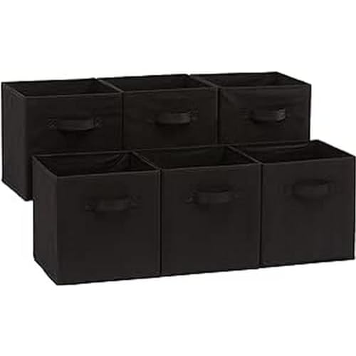 Amazon Basics Collapsible Fabric Storage Cubes Organizer with Handles, Sturdy, Black, 10.5-x-10.5-x-11-inch, Pack of 6