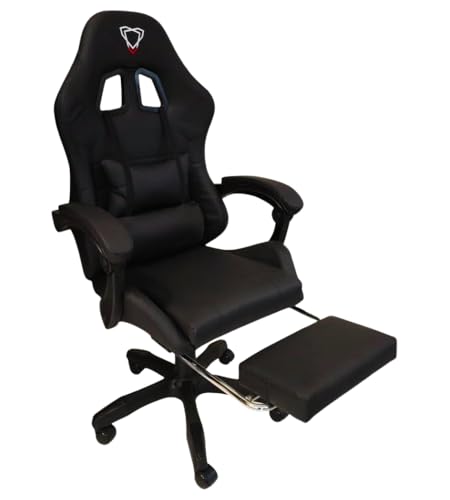 Sedia Gaming, Poltrona Scrivana, Ufficio Casa, in Ecopelle Schienale Reclinabile Cuscino Lombare e Poggiatesta Cervicale, Rotazione 360 Gradi Altezza Regolabile, 5 Ruote Poggiapiedi Total Black