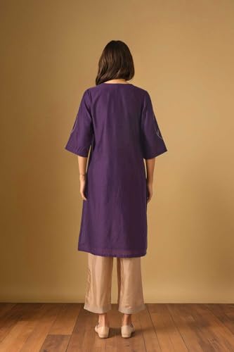 Image of Taneira Women Dark Violet Pure Silk Cotton Embroidered Kurta (KUAM35DVL-Dark Violet-L)